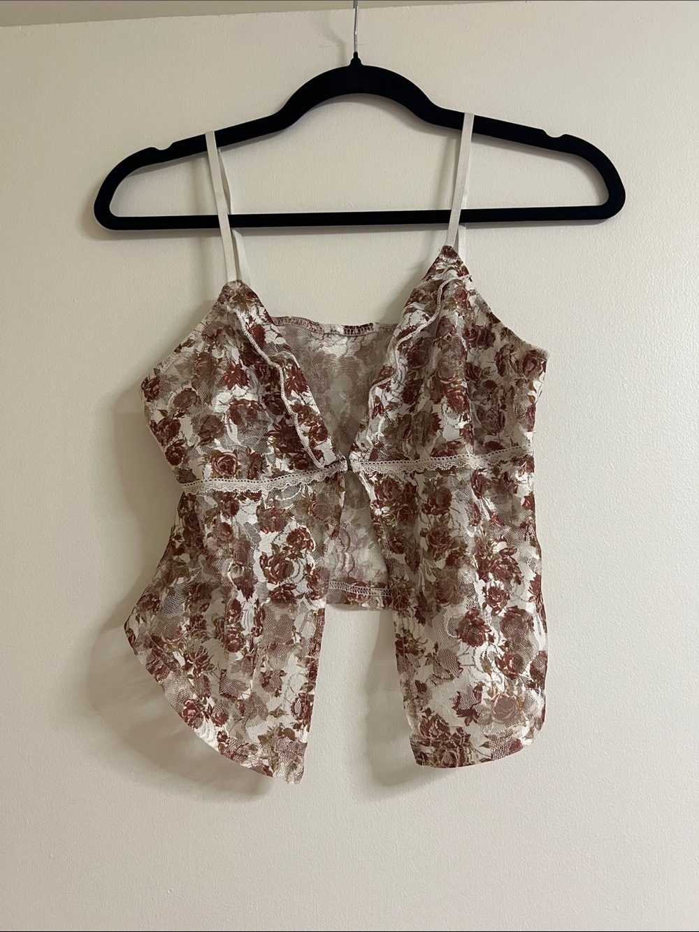 SHEIN Cream Cami with Brown Floral Lace Overlay